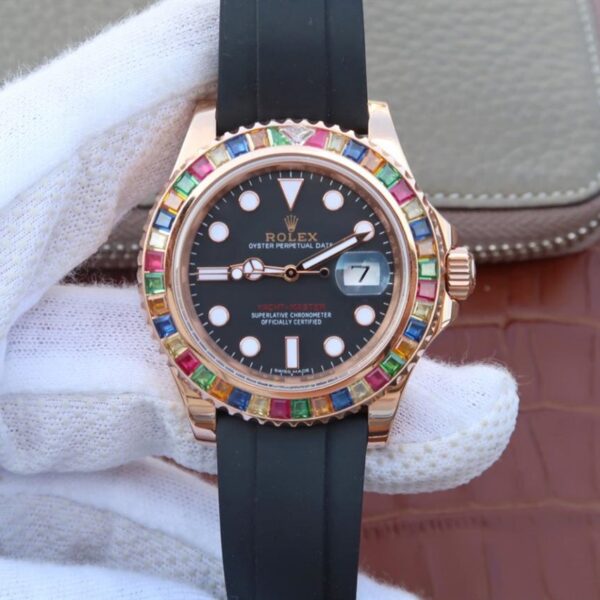 Yacht-Master 1 Golden Diamond Bezel Black Dial Rubber Strap 40mm - Image 9