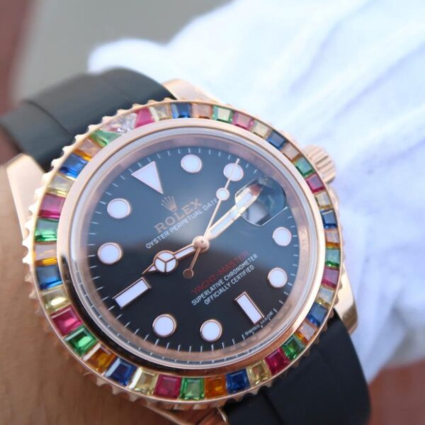 Yacht-Master 1 Golden Diamond Bezel Black Dial Rubber Strap 40mm - Image 4